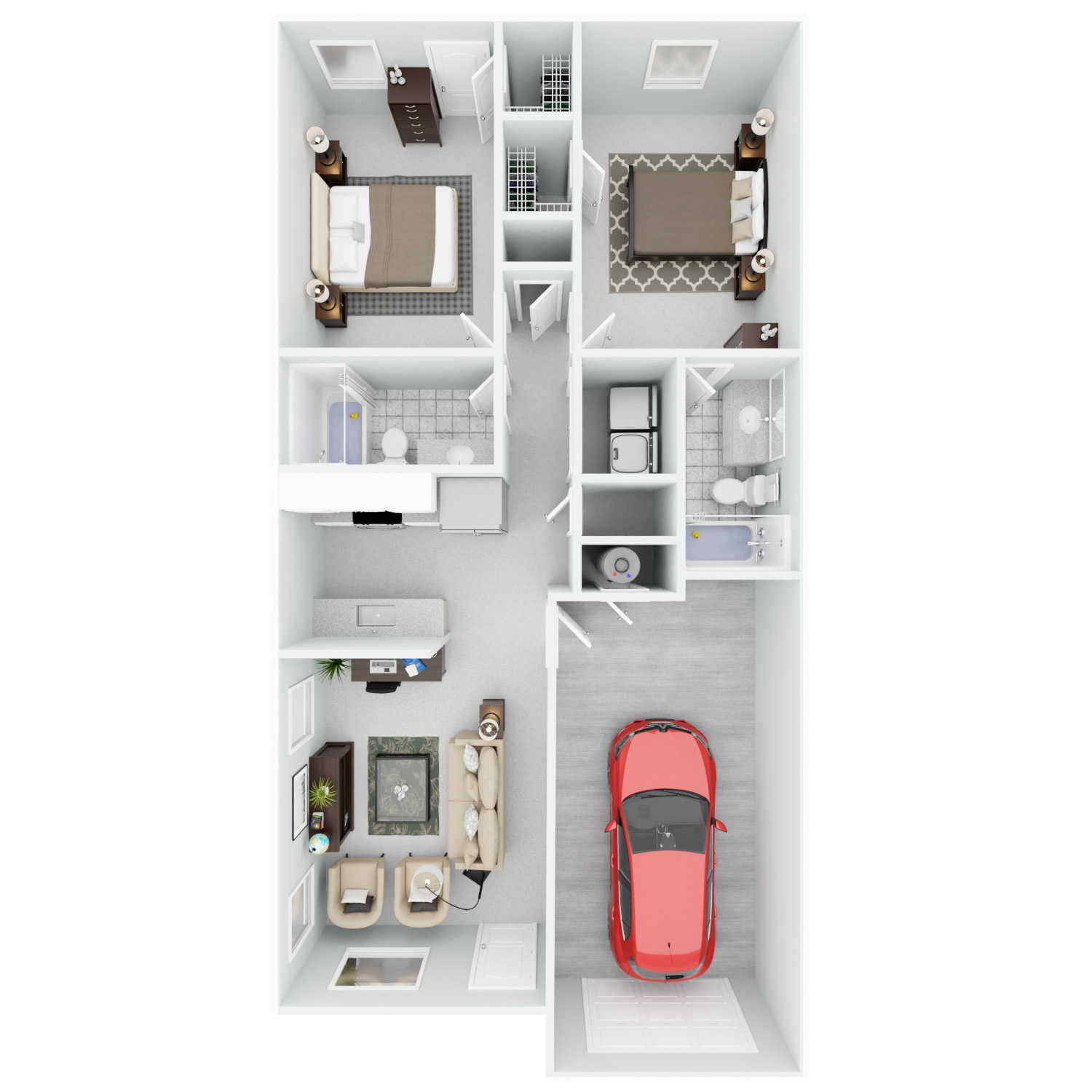 A red car is parked in a garage.